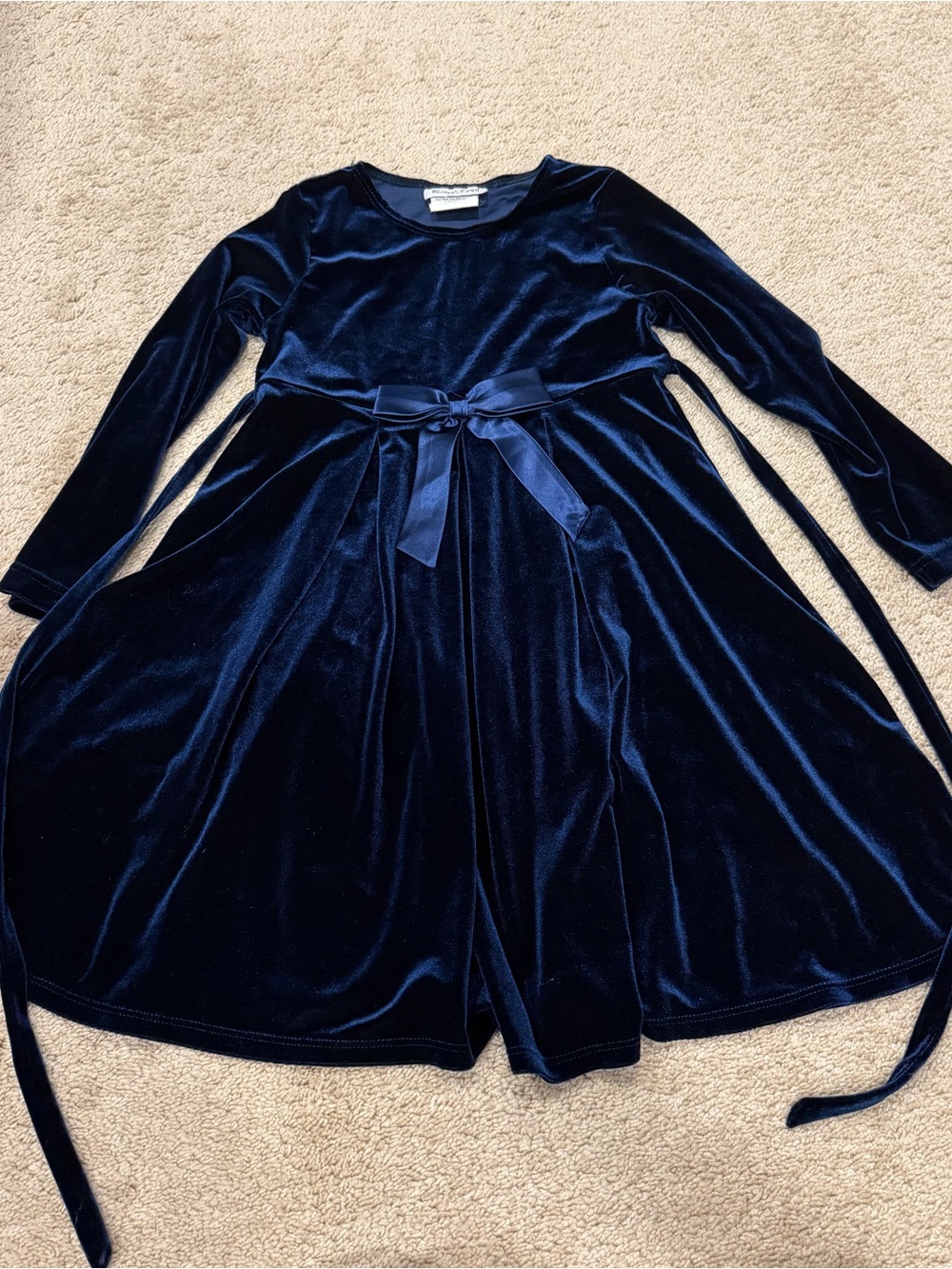 Girls' Navy Velvet Long-Sleeve Dress with Bow Holiday Sz 6